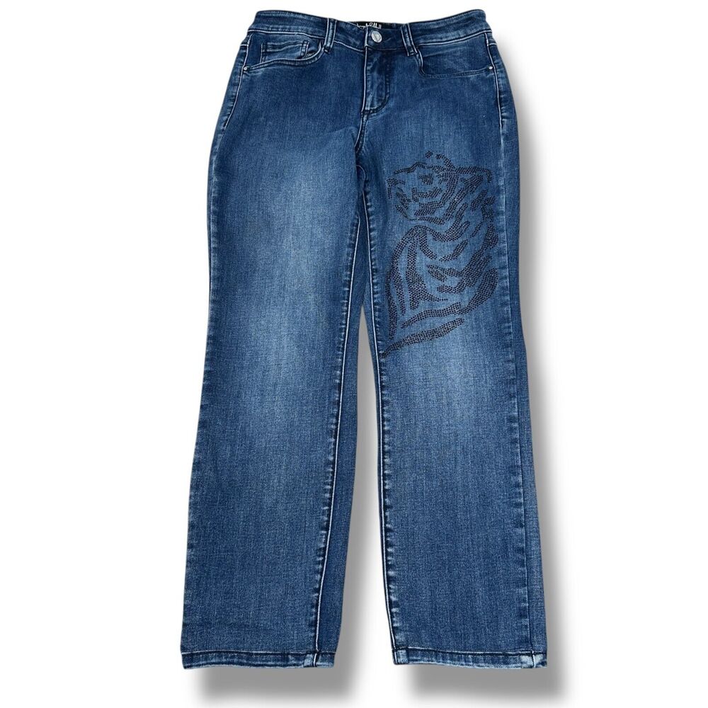 Joseph Ribkoff  Straight Tiger Jeans Women’s 6 Blue Denim‎ Rhinestones Gems